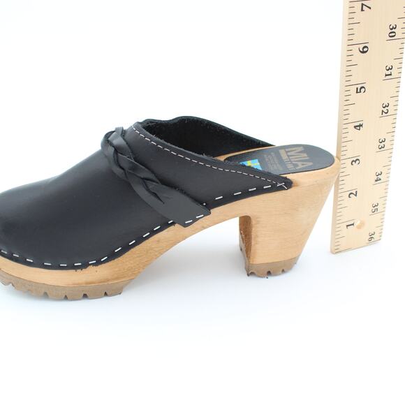 MIA Swedish Clogs 37 Womens 7 Black Leather Braided Wooden Heel Comfort Shoe - Picture 6 of 9